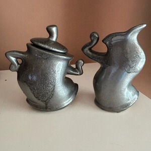 Michael Lambert Signed Dancing Sugar Creamer set pottery MCM '60s Pewter Drip…